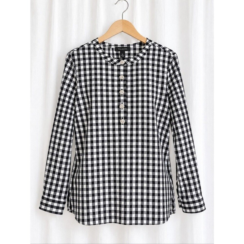 Talbots Black White Gingham Rhinestone Button Cotton Stretch Henley Blouse